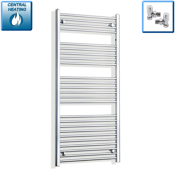 With Angled Valves 1400 mm High x 600 mm Wide Flat Chrome Towel Radiator