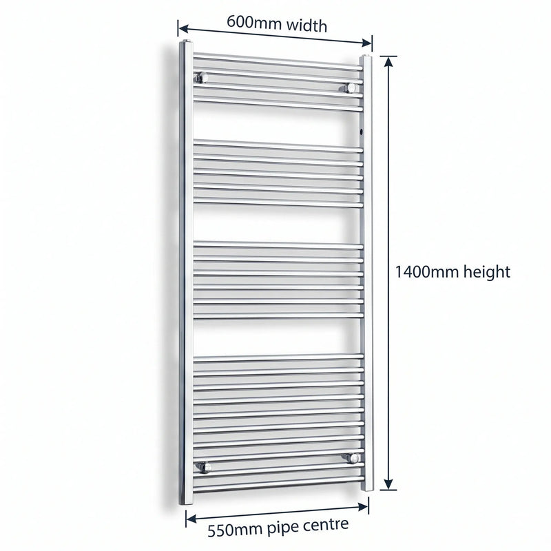 1400 mm High x 600 mm Wide Flat Or Curved Chrome Towel Radiator - Elegant Radiators