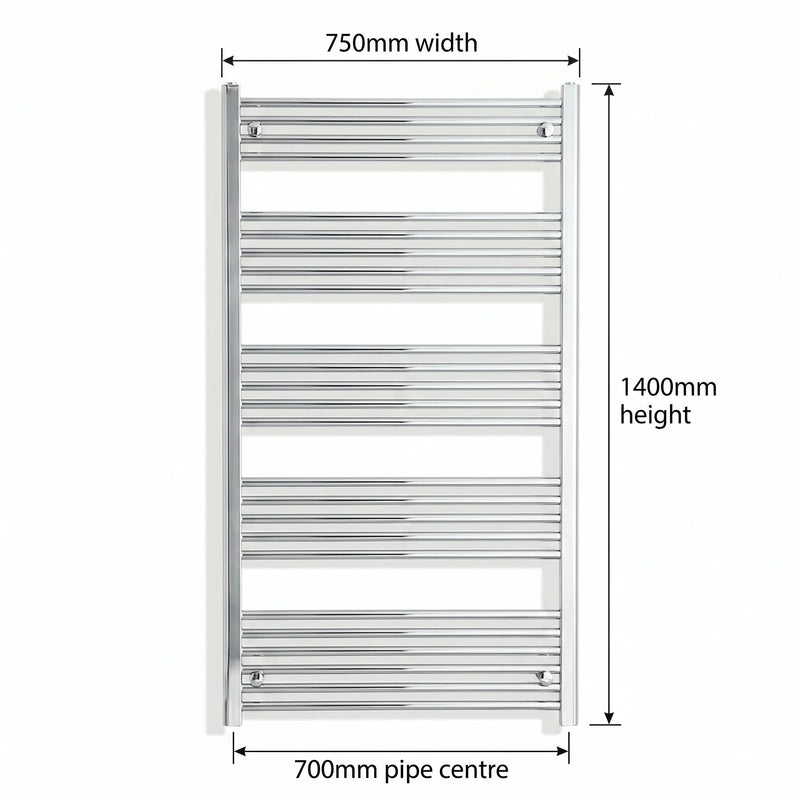 1400 mm High x 750 mm Wide Heated Straight Towel Rail Chrome - Elegant Radiators