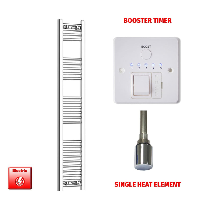 Single Heat / Booster Timer 1400 x 200 Pre-Filled Electric Heated Towel Radiator Straight Chrome