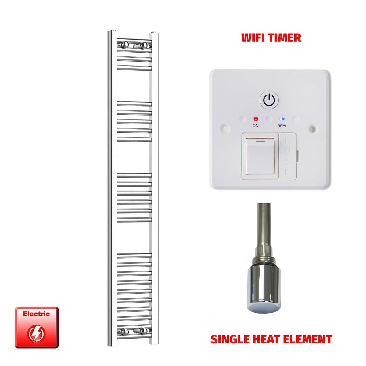 Single Heat / Wifi Timer 1400 x 200 Pre-Filled Electric Heated Towel Radiator Straight Chrome