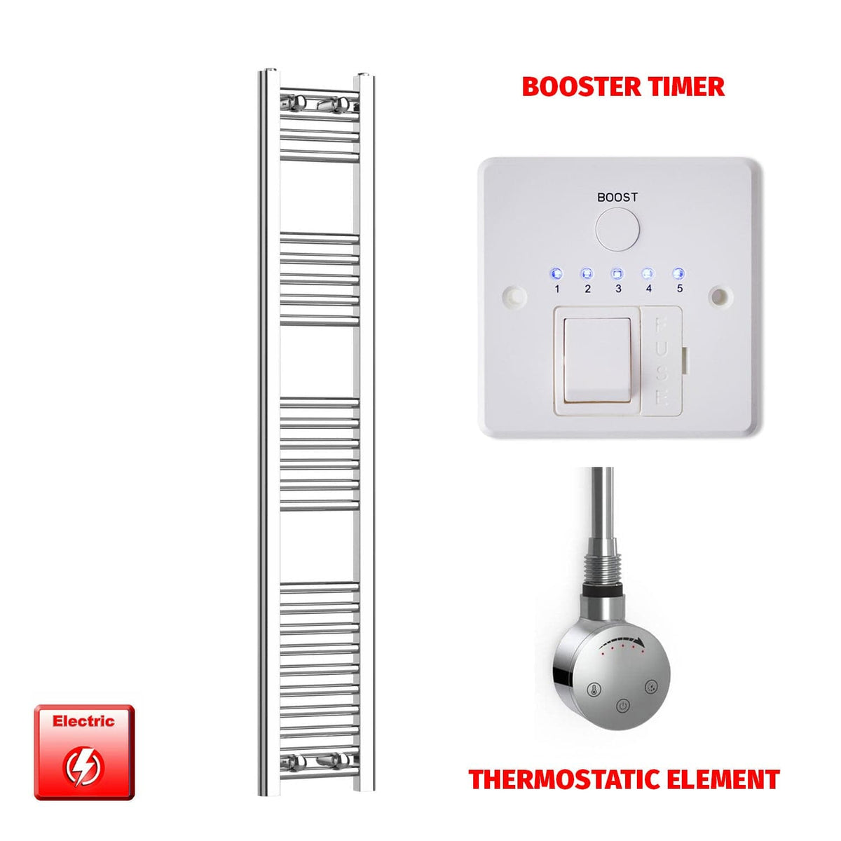 ER-Touch Thermostatic / Booster Timer 1400 x 200 Pre-Filled Electric Heated Towel Radiator Straight Chrome