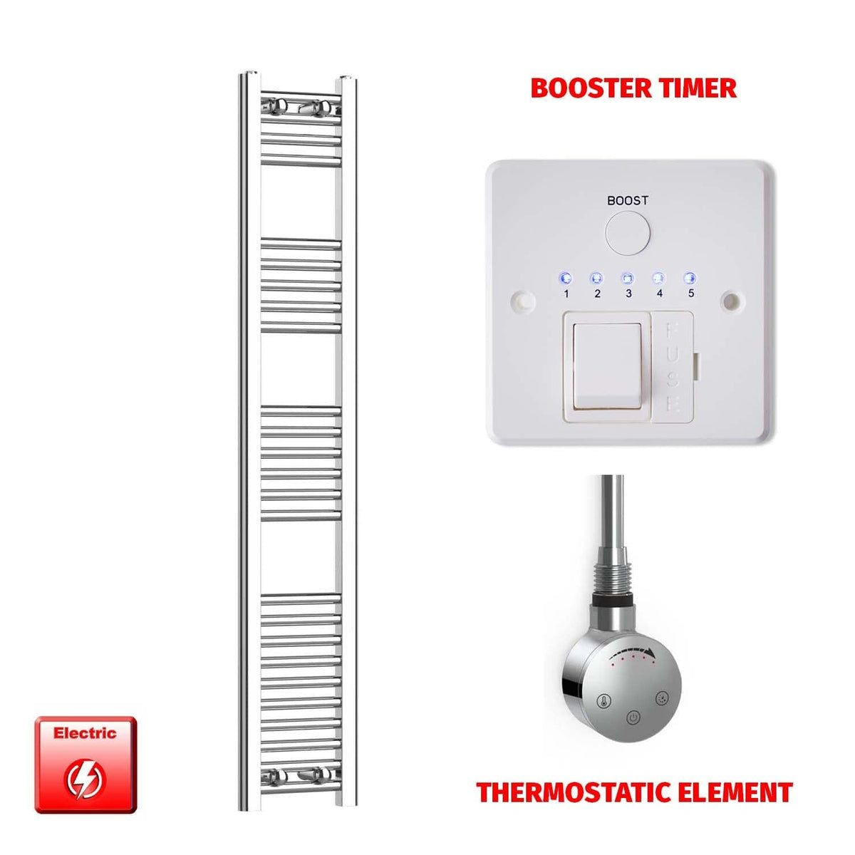 ER-Touch Thermostatic / Booster Timer 1400 x 250 Pre-Filled Electric Chrome Heated Towel Rail