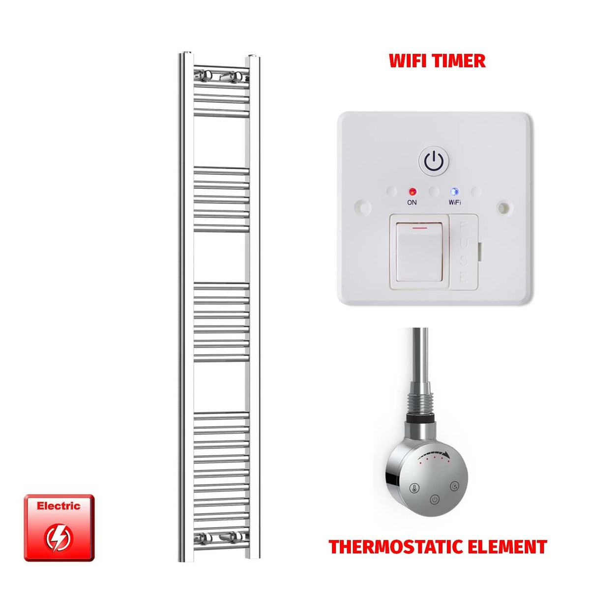 ER-Touch Thermostatic / Wifi Timer 1400 x 250 Pre-Filled Electric Chrome Heated Towel Rail