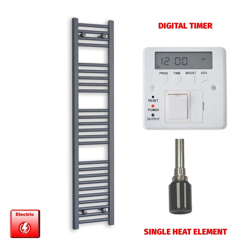 Single Heat / Digital Timer 1400 x 300 Flat Anthracite Pre-Filled Electric Heated Towel Rail HTR