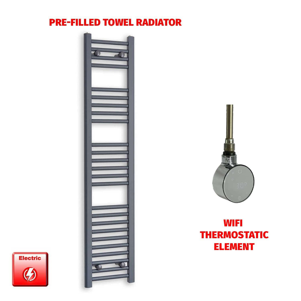 ER-Wifi Thermostatic / No Timer 1400 x 300 Flat Anthracite Pre-Filled Electric Heated Towel Rail HTR