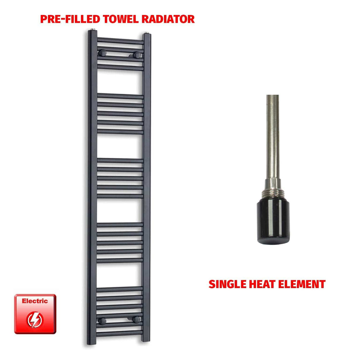 Single Heat / No Timer 1400 x 300 Flat Black Pre-Filled Electric Heated Towel Radiator HTR