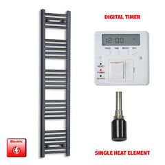 Single Heat / Digital Timer 1400 x 300 Flat Black Pre-Filled Electric Heated Towel Radiator HTR