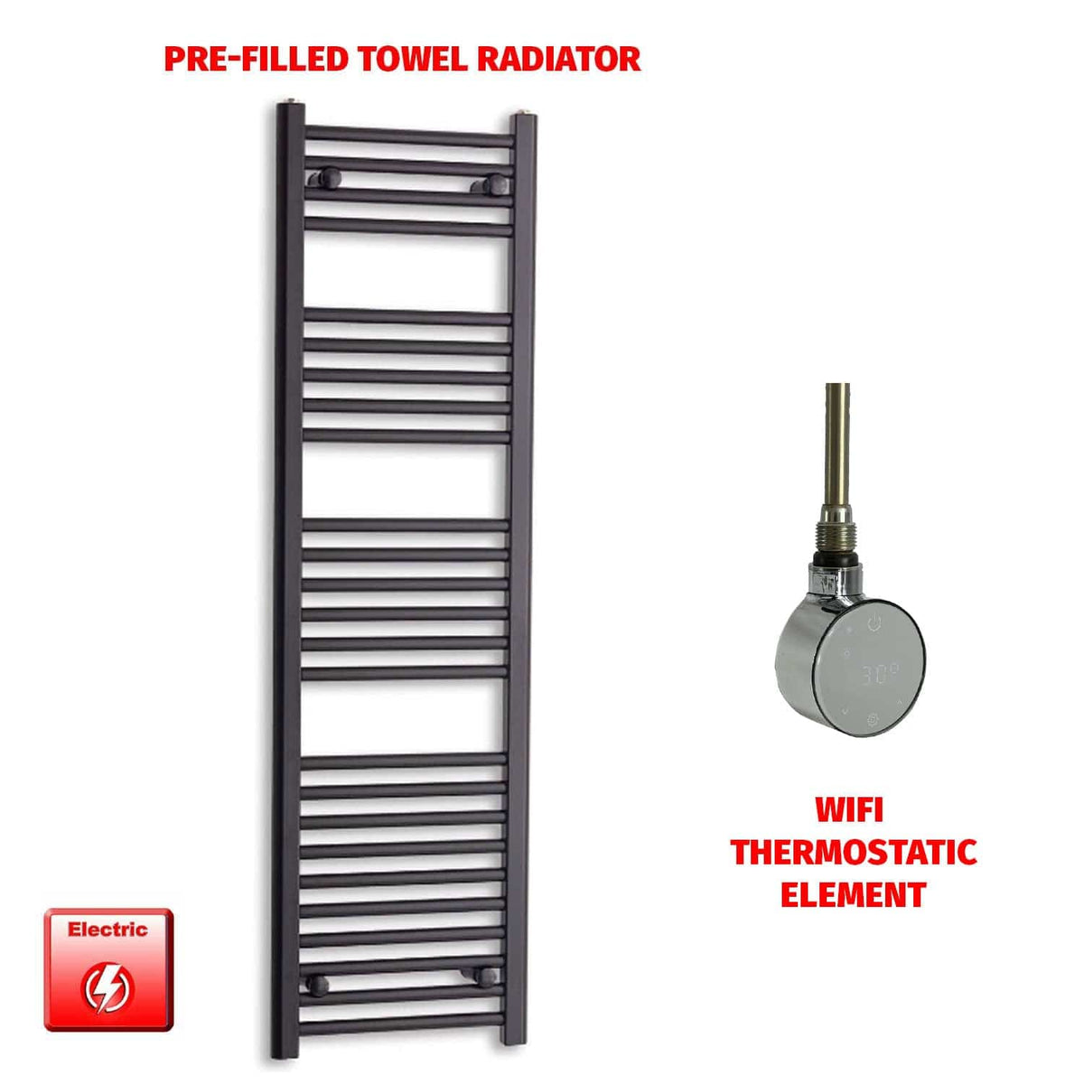 ER-Wifi Thermostatic / No Timer 1400 x 450 Flat Black Pre-Filled Electric Heated Towel Radiator HTR