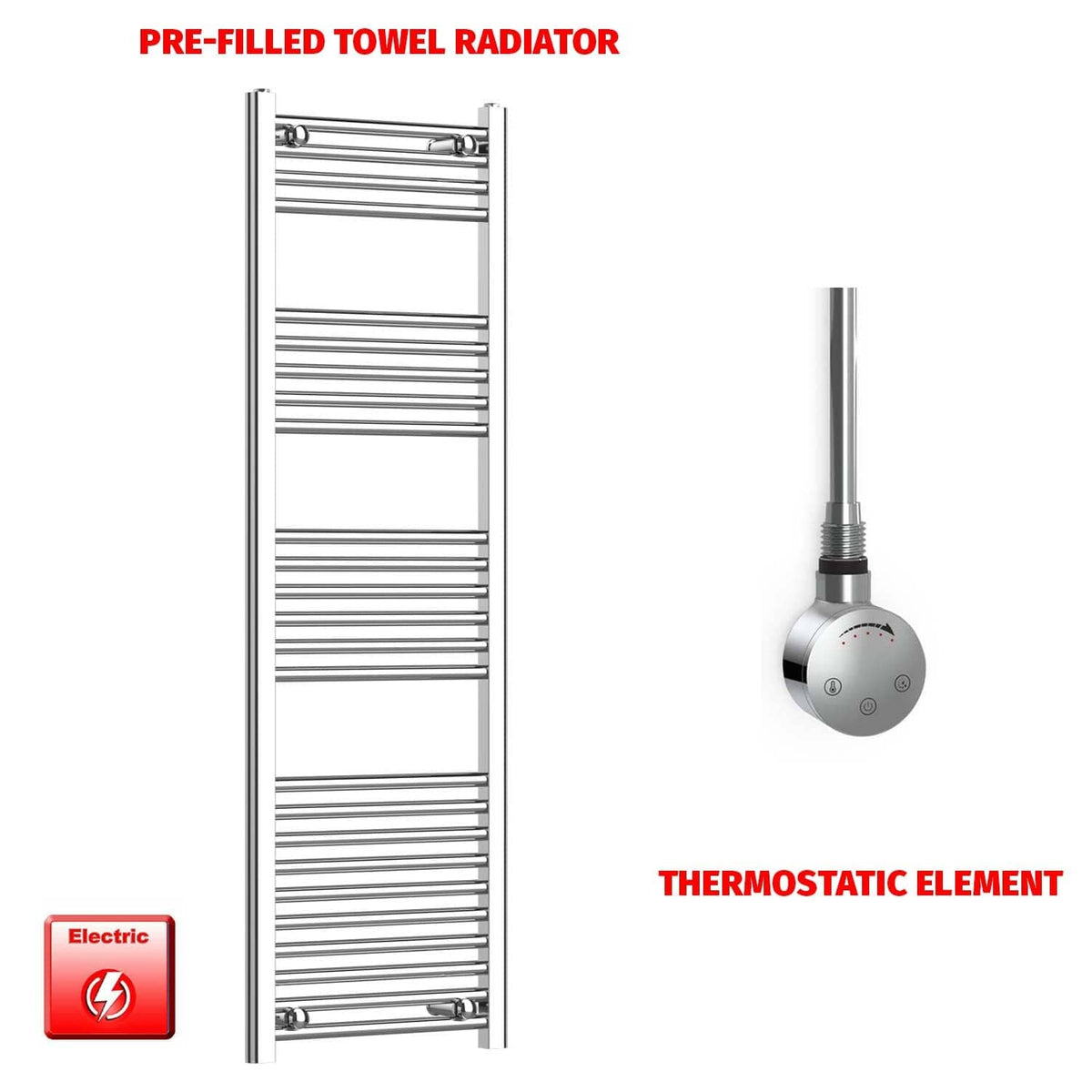 ER-Touch Thermostatic / No Timer 1400 x 450 Pre-Filled Electric Heated Towel Radiator Straight Chrome