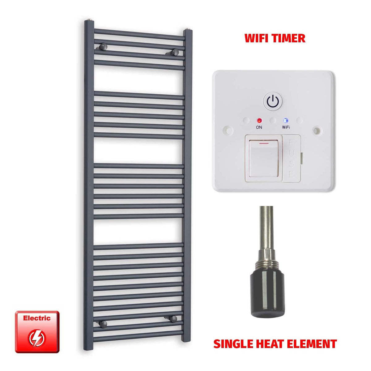 Single Heat / Wifi Timer 1400 x 500 Flat Anthracite Pre-Filled Electric Heated Towel Rail HTR