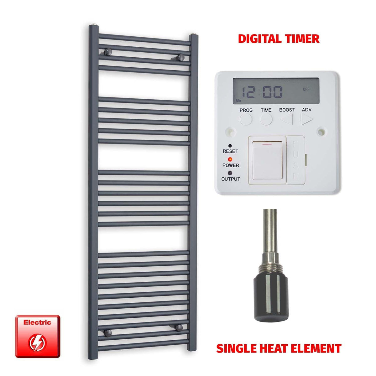 Single Heat / Digital Timer 1400 x 500 Flat Anthracite Pre-Filled Electric Heated Towel Rail HTR