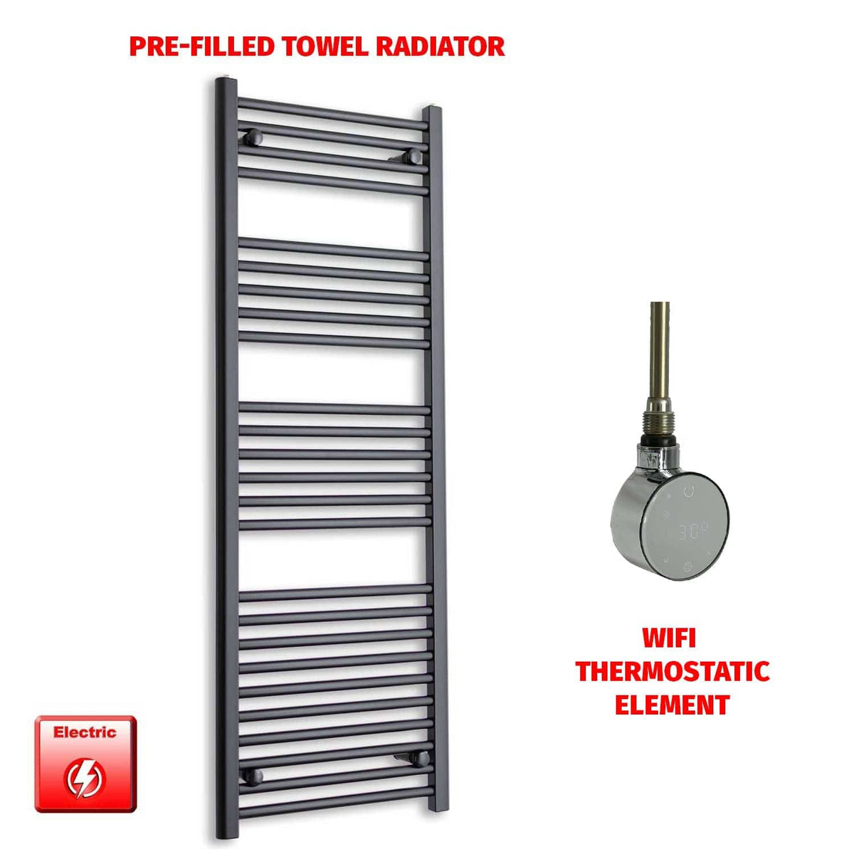 ER-Wifi Thermostatic / No Timer 1400 x 500 Flat Black Pre-Filled Electric Heated Towel Radiator HTR