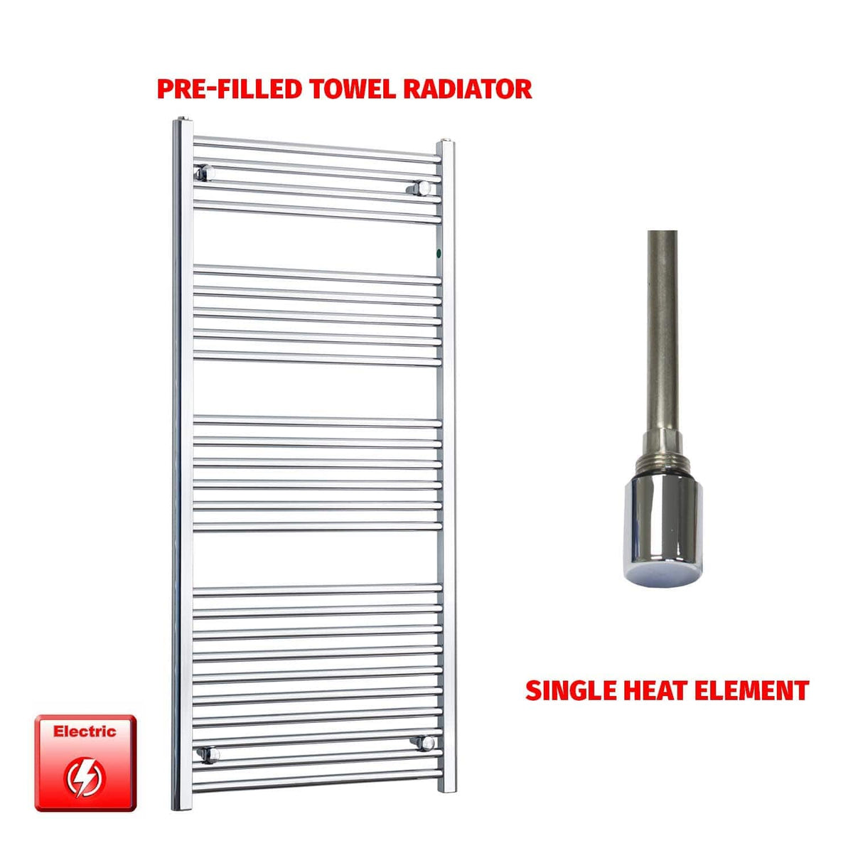 Single Heat / No Timer 1400 x 600 Flat Chrome Pre-Filled Electric Heated Towel Rail