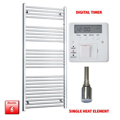 Single Heat / Digital Timer 1400 x 600 Flat Chrome Pre-Filled Electric Heated Towel Rail