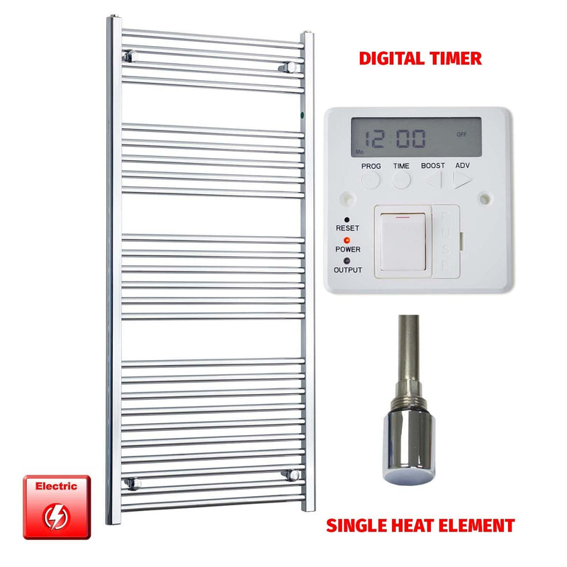 Single Heat / Digital Timer 1400 x 600 Flat Chrome Pre-Filled Electric Heated Towel Rail