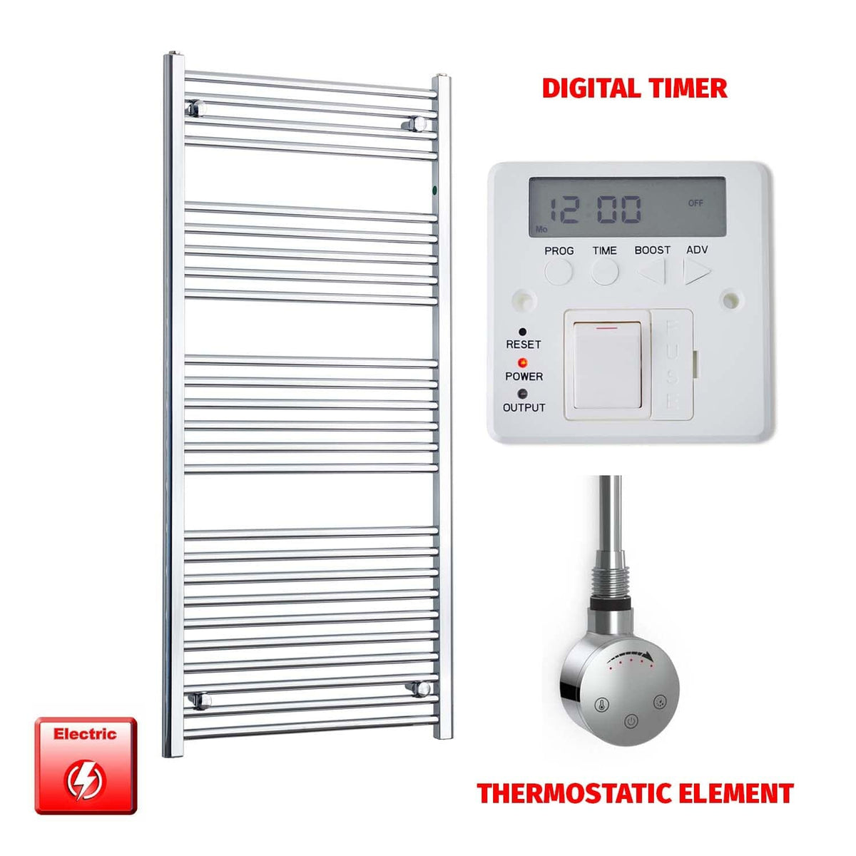 ER-Touch Thermostatic / Digital Timer 1400 x 600 Flat Chrome Pre-Filled Electric Heated Towel Rail