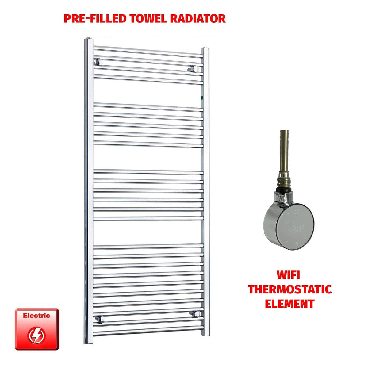 ER-Wifi Thermostatic / No Timer 1400 x 600 Flat Chrome Pre-Filled Electric Heated Towel Rail