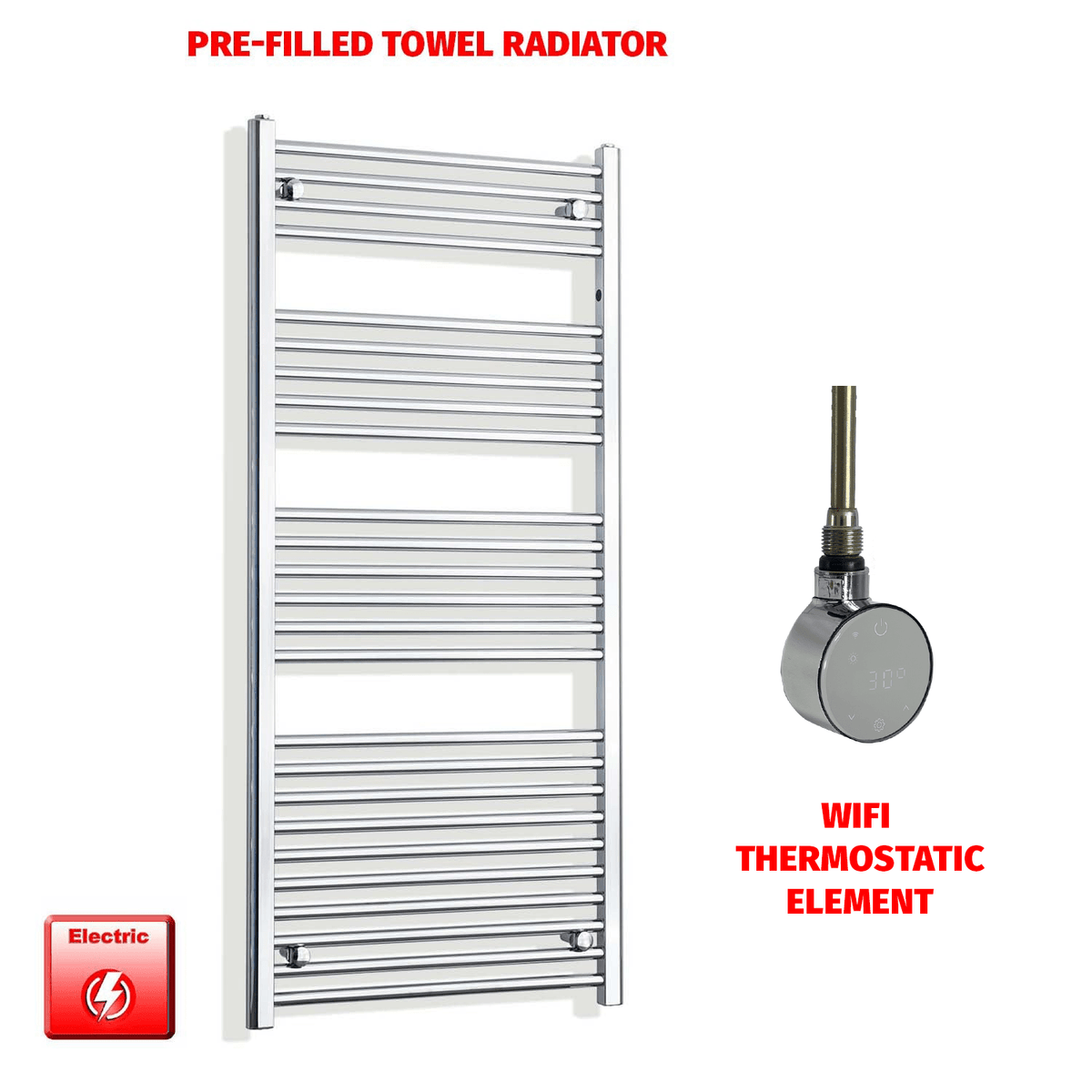 ER-Wifi Thermostatic / No Timer 1400 x 650 Pre-Filled Electric Heated Towel Radiator Straight Chrome