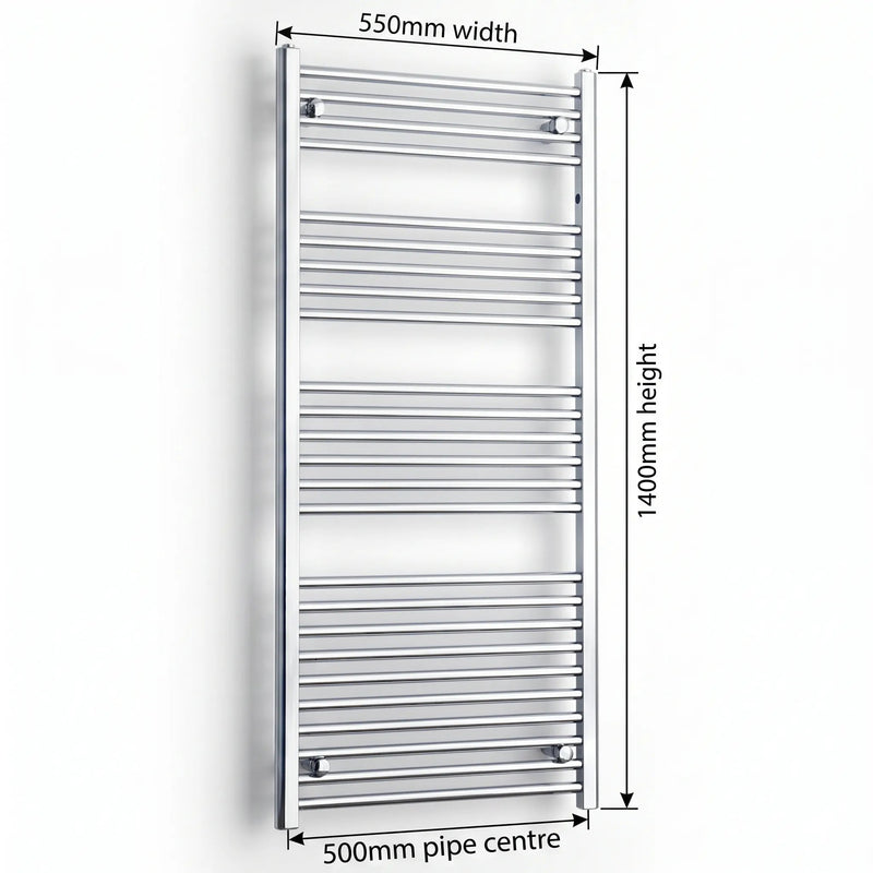 1400x550mm Heated Straight Towel Radiator Chrome - Elegant Radiators
