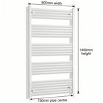 1400x800mm Towel Rail Radiator Flat White Central Heating - Elegant Radiators
