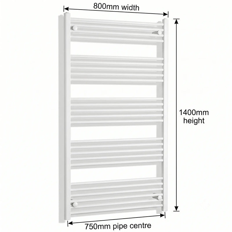 1400x800mm Towel Rail Radiator Flat White Central Heating - Elegant Radiators
