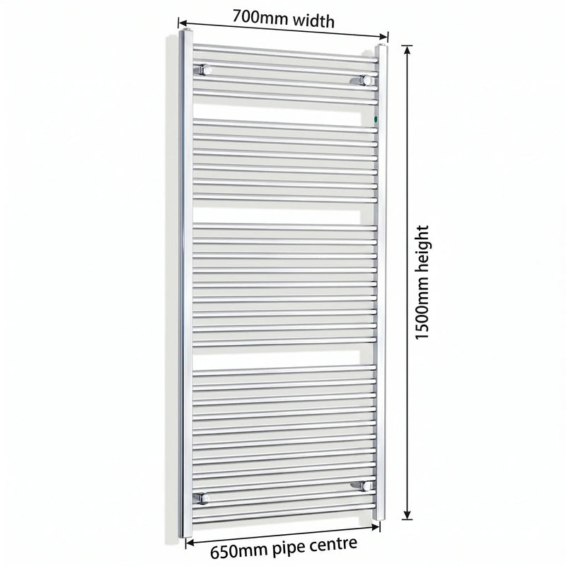 1500 mm High x 700 mm Wide Heated Straight Towel Rail Chrome - Elegant Radiators