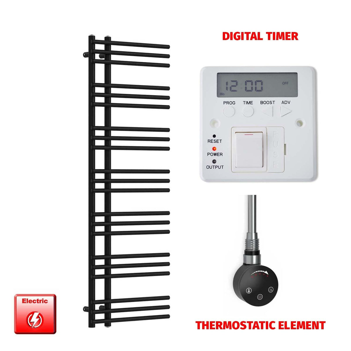 ER-Touch Thermostatic / Digital Timer 1500 x 500 Difta Pre-Filled Electric Heated Towel Radiator Flat Black