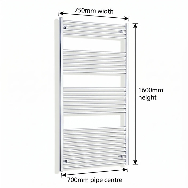 1600 mm High x 750 mm Wide Heated Straight Towel Rail Chrome - Elegant Radiators