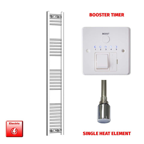 Single Heat / Booster Timer 1600 x 200 Pre-Filled Electric Heated Towel Radiator Straight Chrome