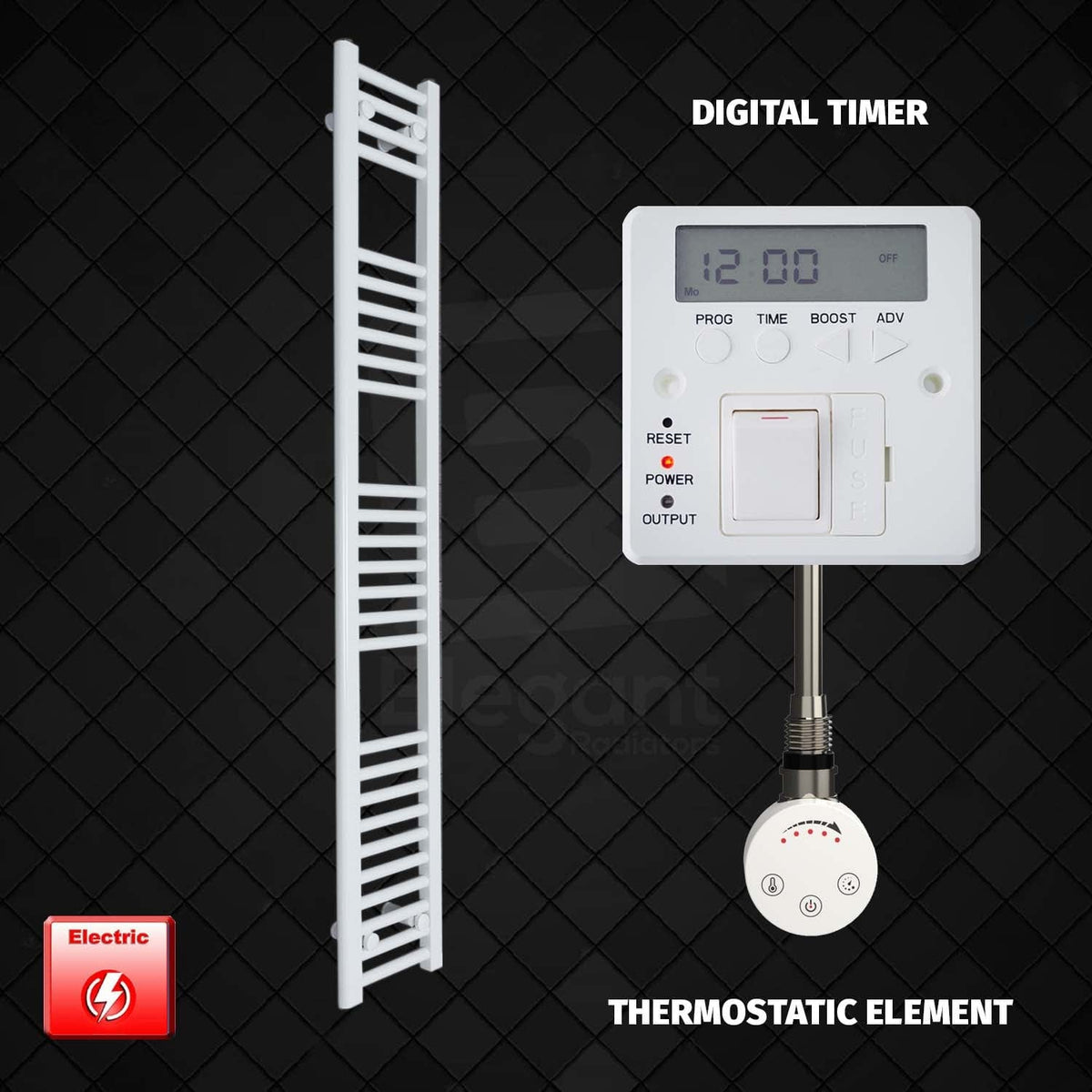 ER-Touch Thermostatic / Digital Timer 1600 x 200 Pre-Filled Electric Heated Towel Radiator White HTR