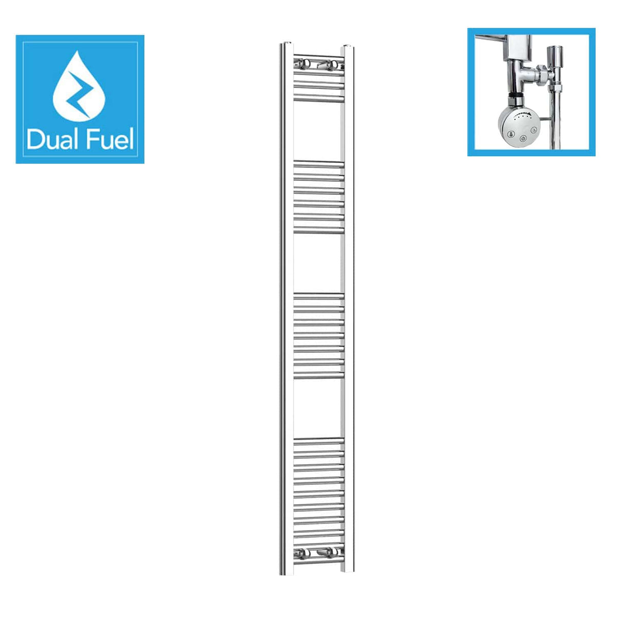 1600 x 250 Chrome Dual Fuel Flat Heated Towel Rail Radiator