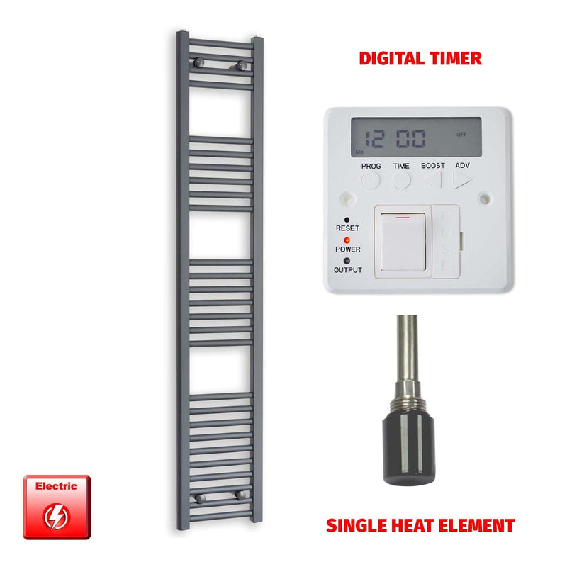 Single Heat / Digital Timer 1600 x 300 Flat Anthracite Pre-Filled Electric Heated Towel Radiator HTR