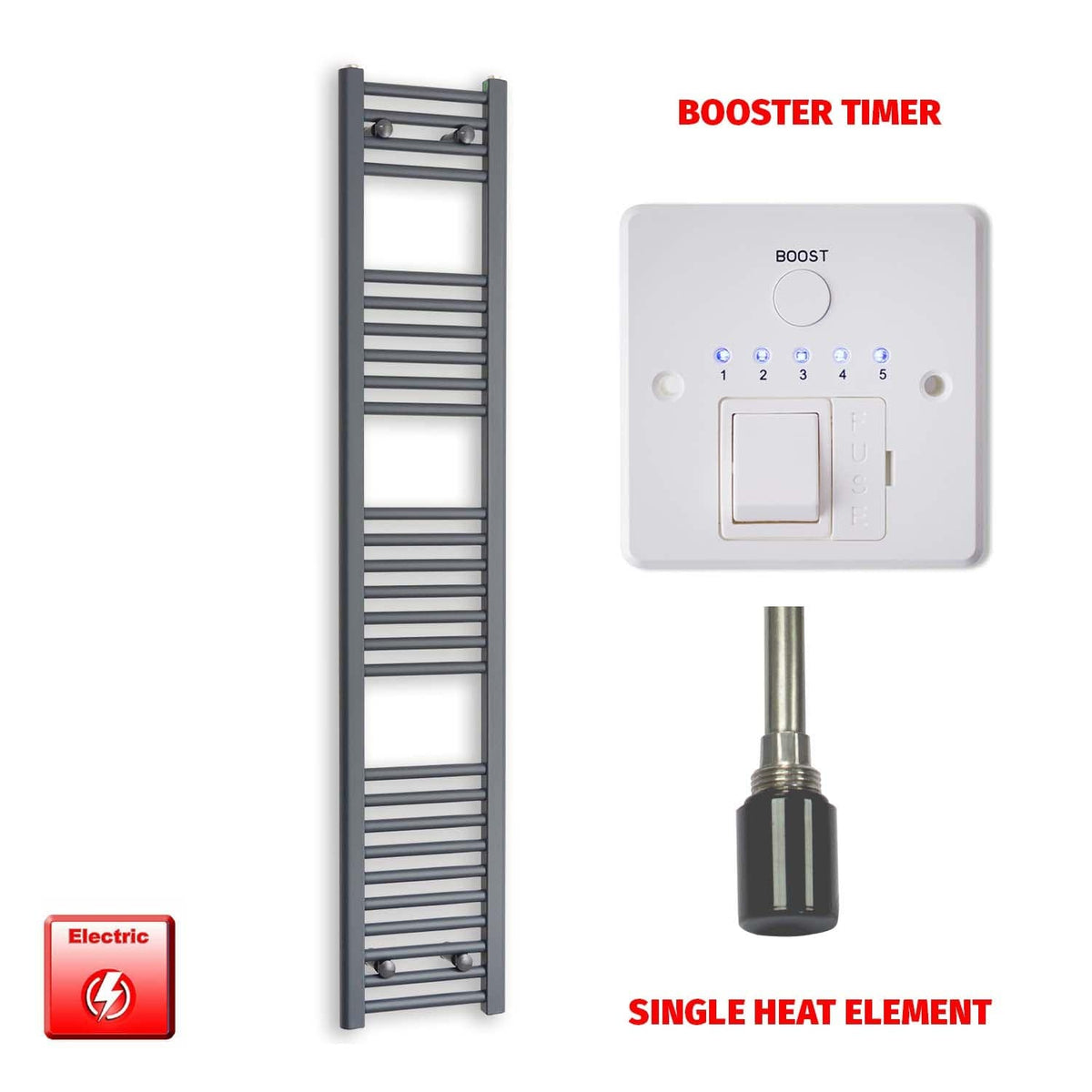 Single Heat / Booster Timer 1600 x 300 Flat Anthracite Pre-Filled Electric Heated Towel Radiator HTR