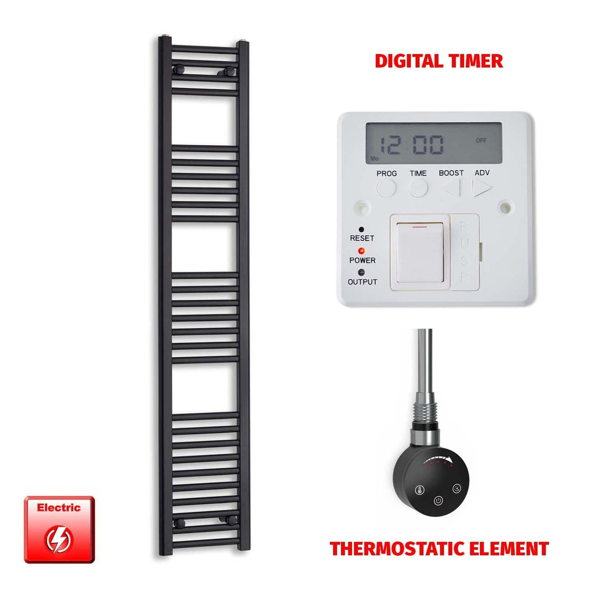 ER-Touch Thermostatic / Digital Timer 1600 x 300 Flat Black Pre-Filled Electric Heated Towel Radiator HTR