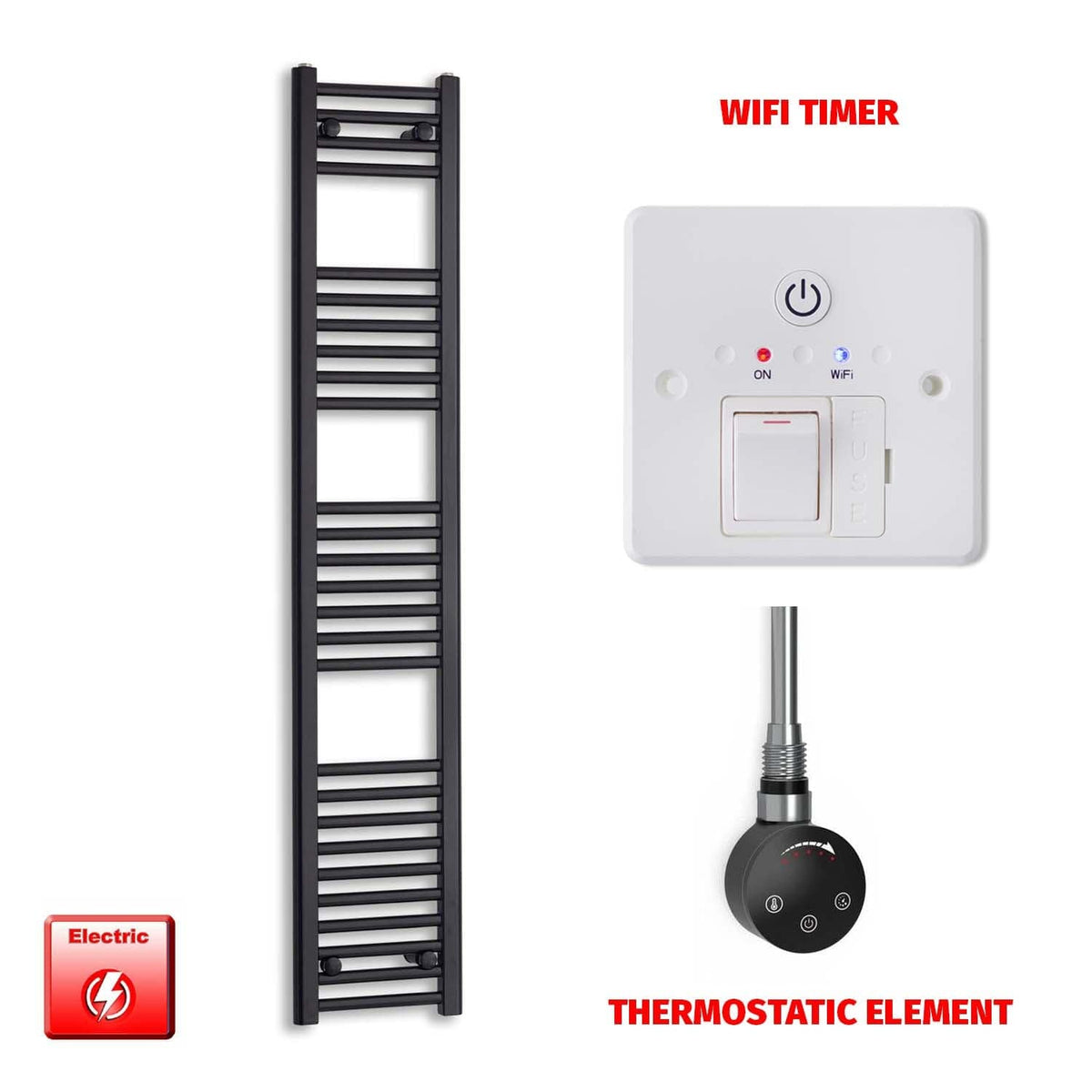 ER-Touch Thermostatic / Wifi Timer 1600 x 300 Flat Black Pre-Filled Electric Heated Towel Radiator HTR