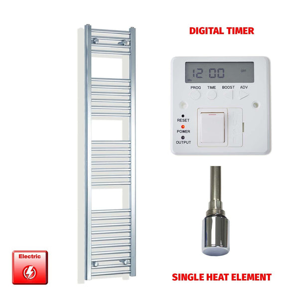 Single Heat / Digital Timer 1600 x 300 Pre-Filled Electric Heated Towel Radiator Straight Chrome