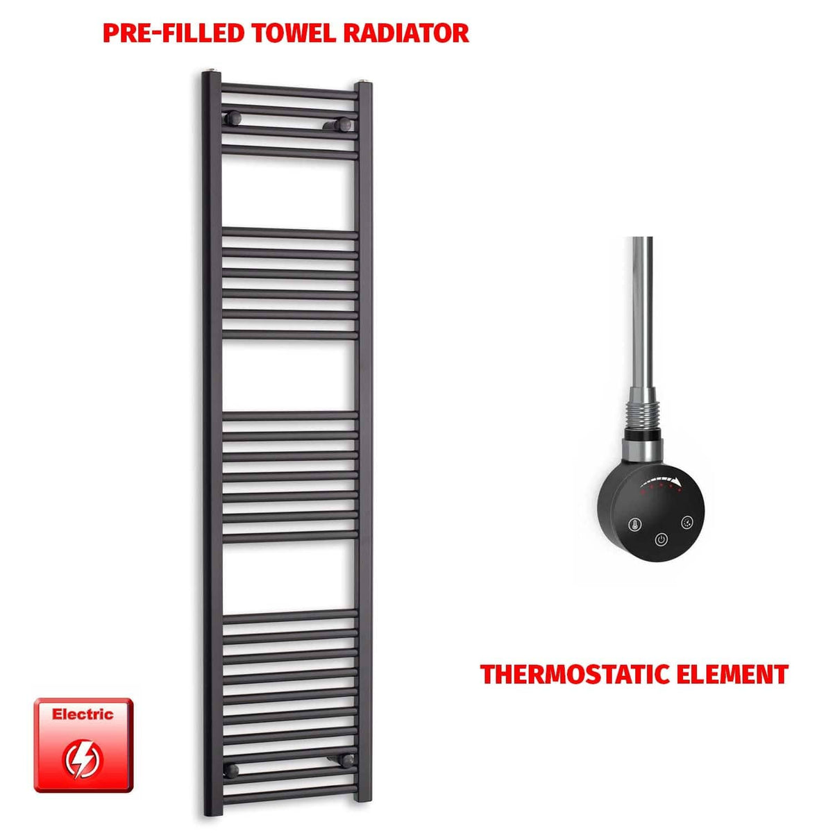 ER-Touch Thermostatic / No Timer 1600 x 400 Flat Black Pre-Filled Electric Heated Towel Radiator HTR