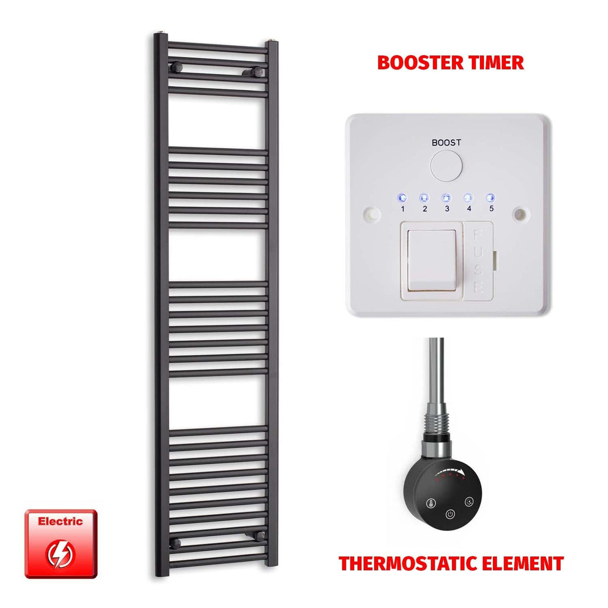 ER-Touch Thermostatic / Booster Timer 1600 x 450 Flat Black Pre-Filled Electric Heated Towel Rail HTR