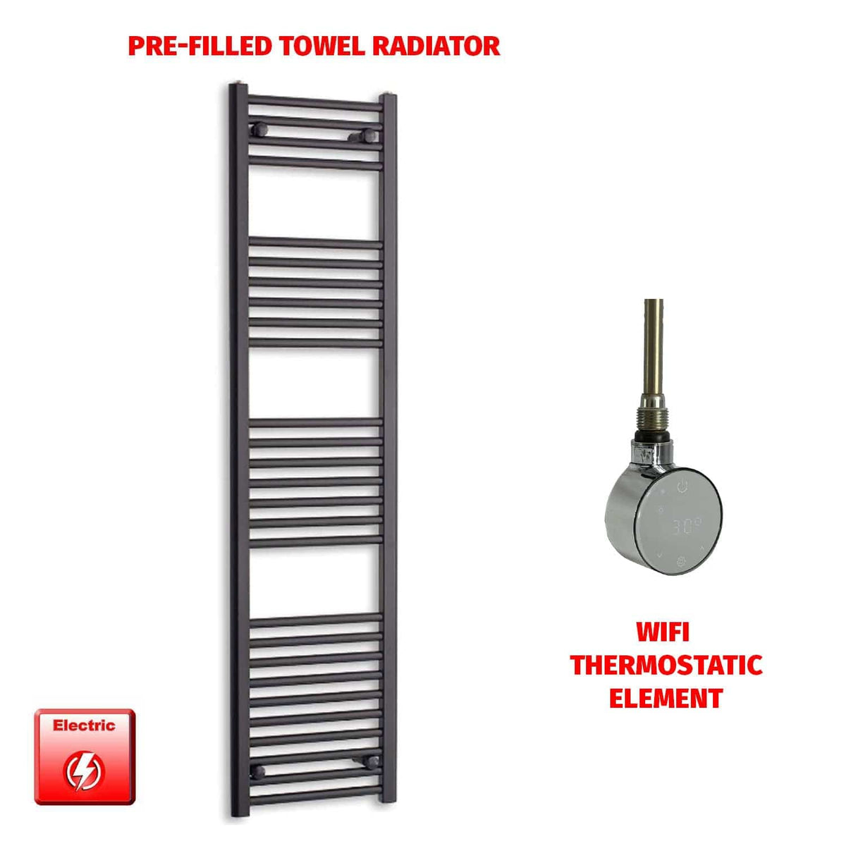 ER-Wifi Thermostatic / No Timer 1600 x 450 Flat Black Pre-Filled Electric Heated Towel Rail HTR