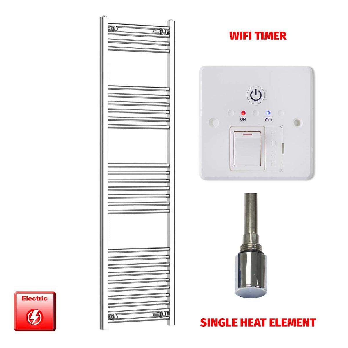 Flat / Single Heat / Wifi Timer 1600 x 500 Chrome Electric Heated Towel Rail Pre-Filled Bathroom Warmer