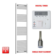 Flat / Single Heat / Digital Timer 1600 x 500 Chrome Electric Heated Towel Rail Pre-Filled Bathroom Warmer