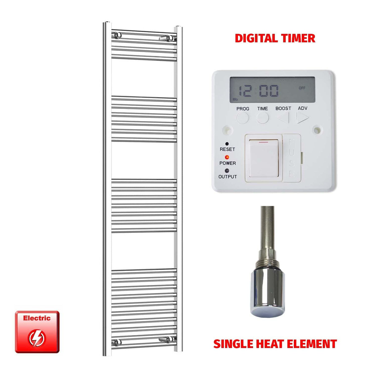 Flat / Single Heat / Digital Timer 1600 x 500 Chrome Electric Heated Towel Rail Pre-Filled Bathroom Warmer