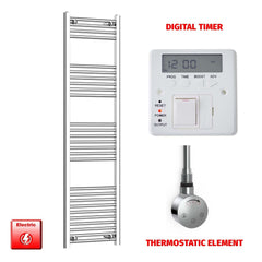 Flat / ER-Touch Thermostatic / Digital Timer 1600 x 500 Chrome Electric Heated Towel Rail Pre-Filled Bathroom Warmer