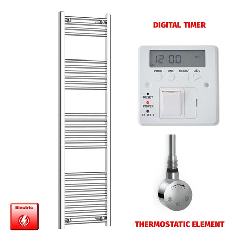 Flat / ER-Touch Thermostatic / Digital Timer 1600 x 500 Chrome Electric Heated Towel Rail Pre-Filled Bathroom Warmer