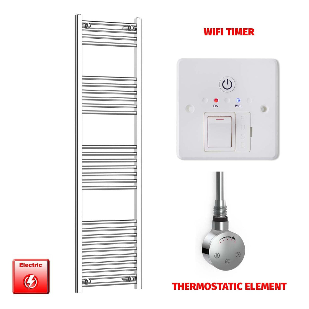 Flat / ER-Touch Thermostatic / Wifi Timer 1600 x 500 Chrome Electric Heated Towel Rail Pre-Filled Bathroom Warmer