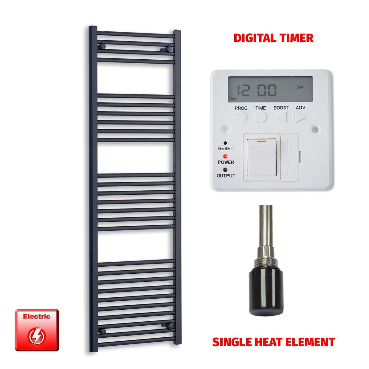 Single Heat / Digital Timer 1600 x 500 Flat Black Pre-Filled Electric Heated Towel Radiator HTR