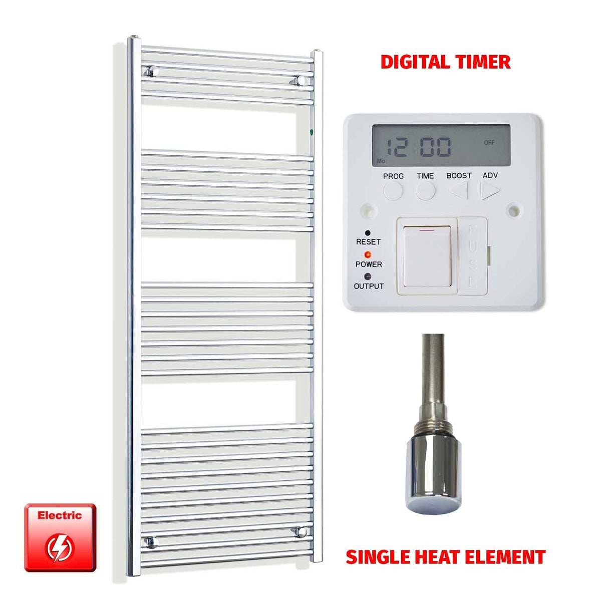 Single Heat / Digital Timer 1600 x 550 Electric Heated Towel Radiator Straight Chrome