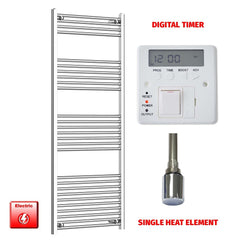 Flat / Single Heat / Digital Timer 1600 x 600 Chrome Electric Towel Rail Pre-Filled Bathroom Warmer