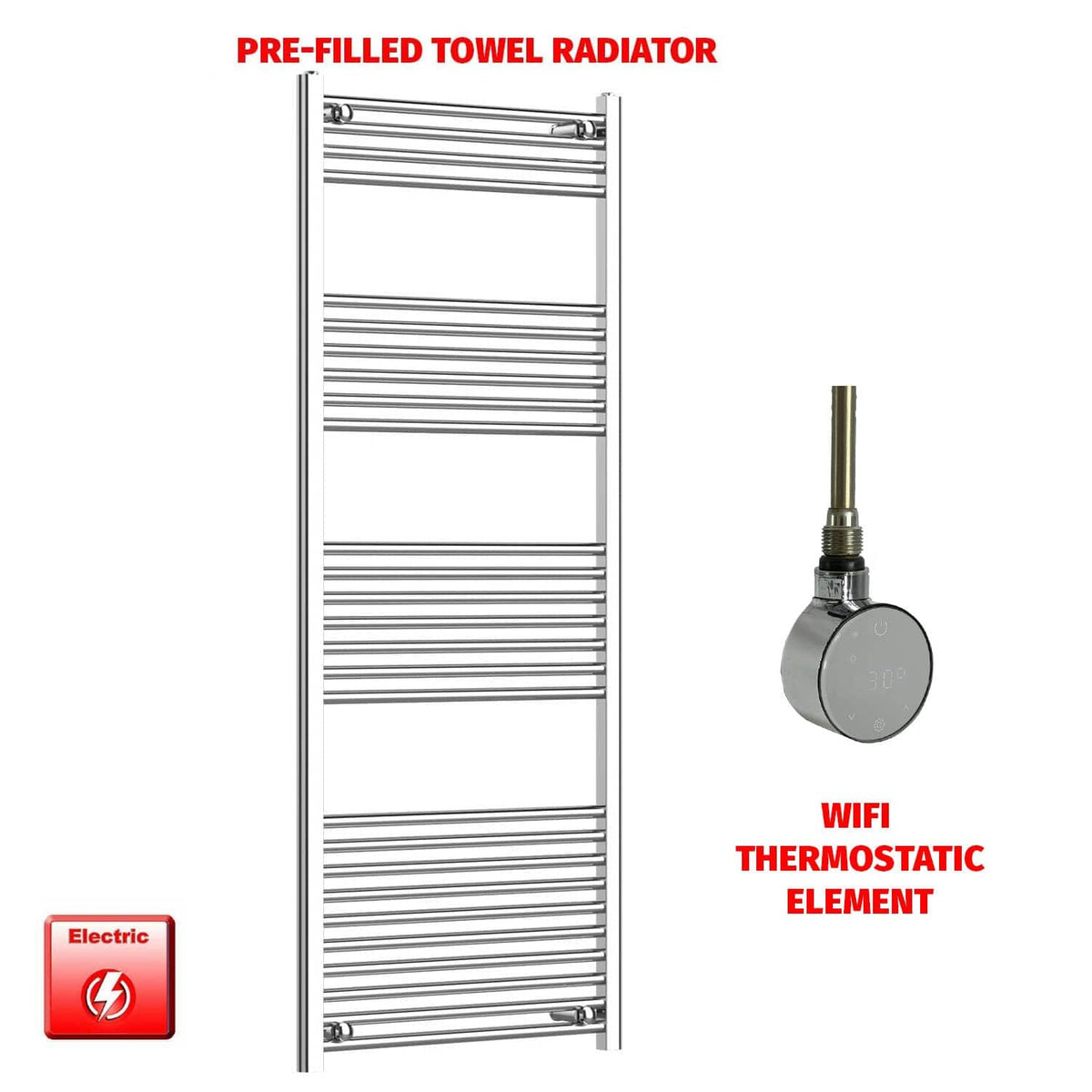 Flat / ER-Wifi Thermostatic / No Timer 1600 x 600 Chrome Electric Towel Rail Pre-Filled Bathroom Warmer